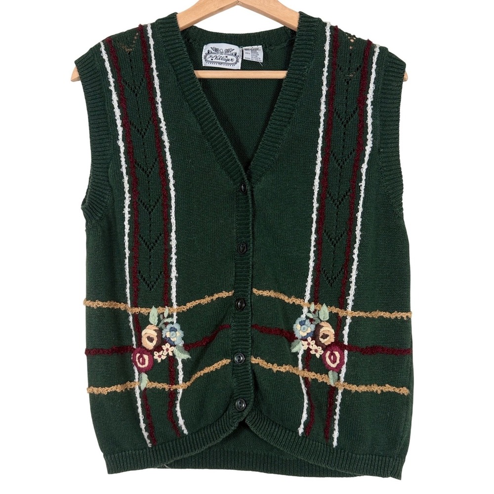 The Villager‎ Vintage Green Floral Embroidered Button Front Sweater Vest Small